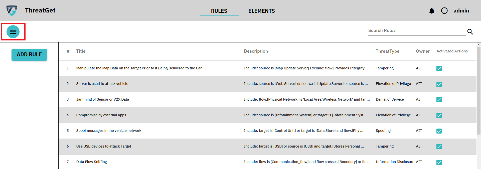 Rules overview screen menu toggle button marked