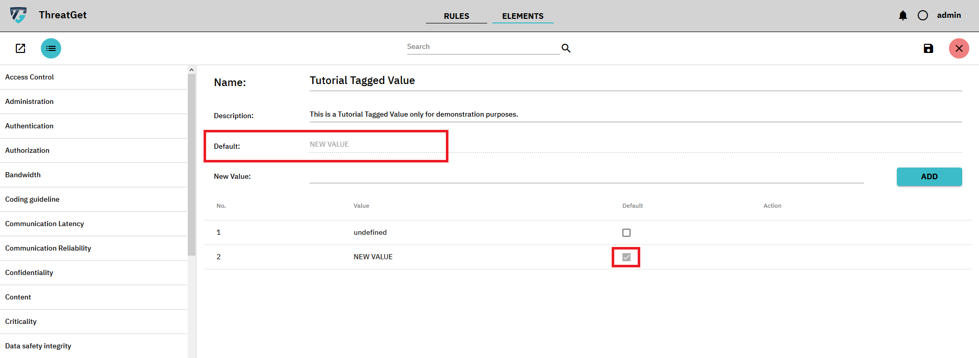 New Tagged value screen with marked change default button for values