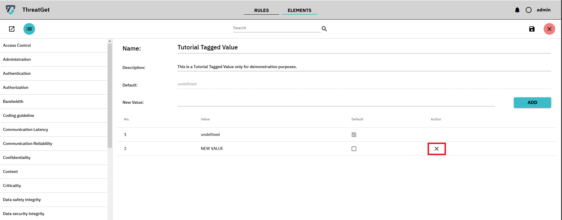 New Tagged value screen with marked delete button for values