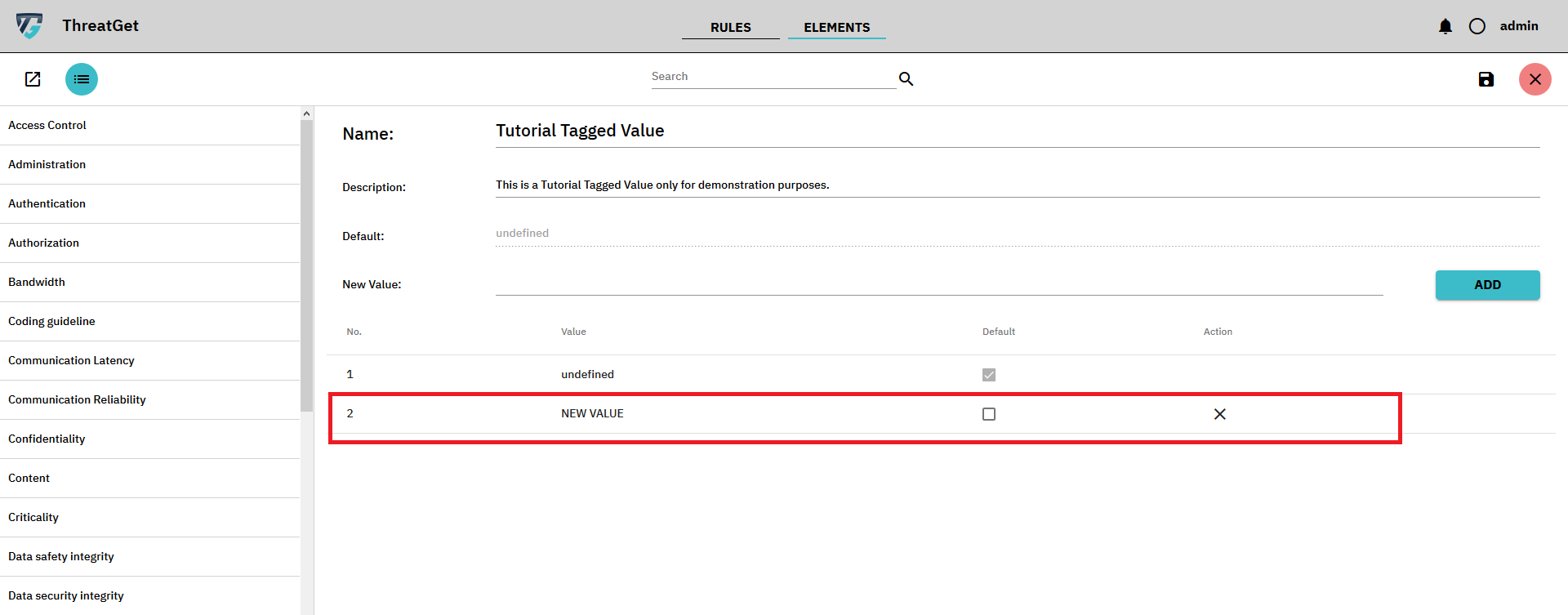 New Tagged value screen with marked new values table