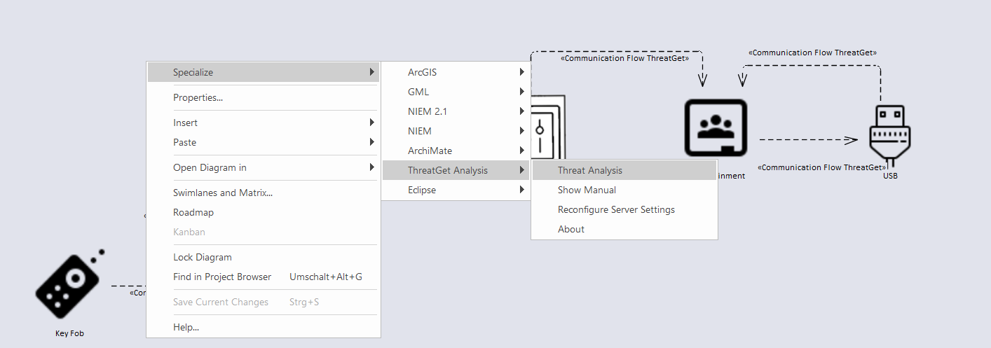 Richt-Click on the Diagram. Select Specialize, ThreatGet Analysis, Threat Analysis