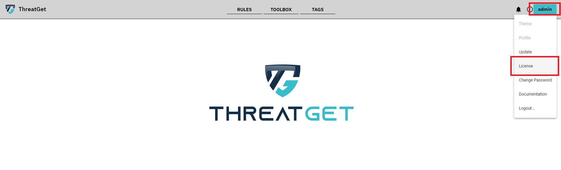 ThreatGet overview screen with marked license button