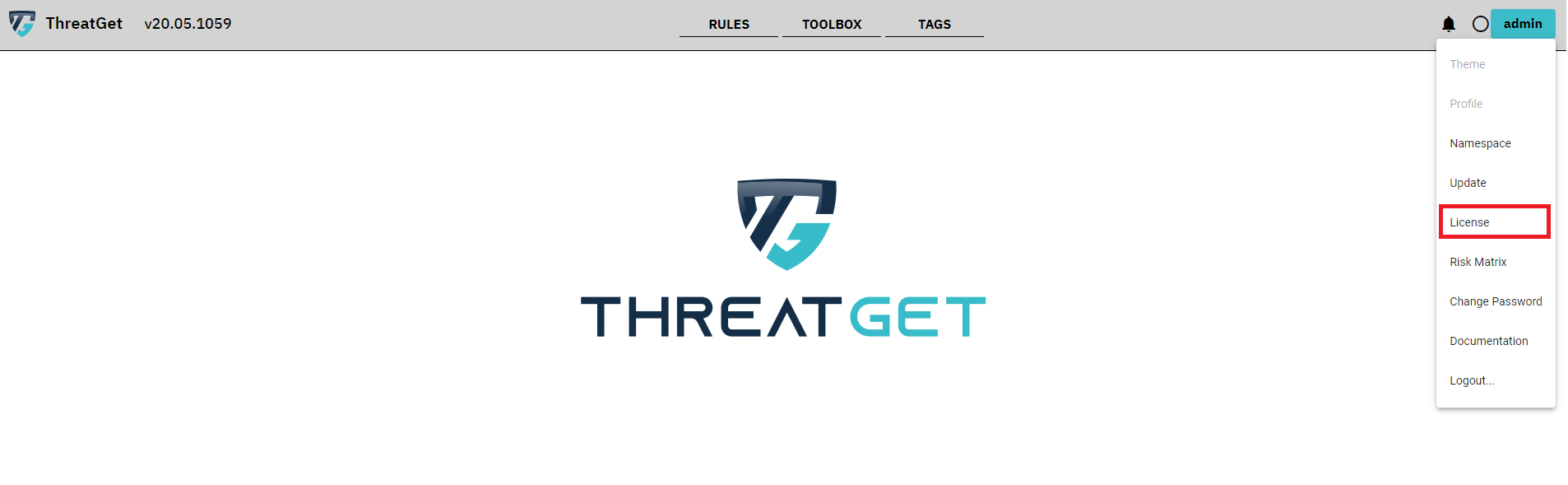 ThreatGet overview screen with marked license button