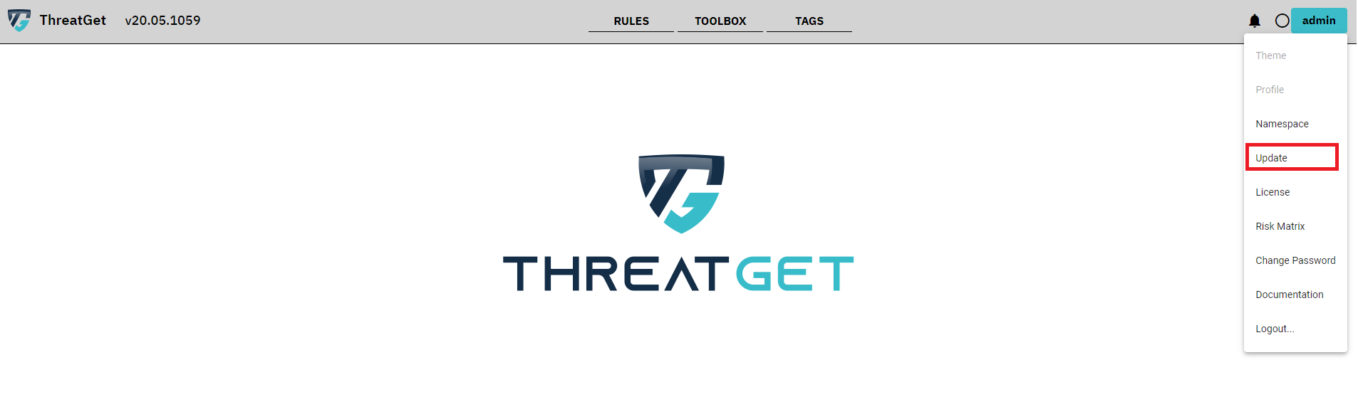 ThreatGet overview screen with marked update button