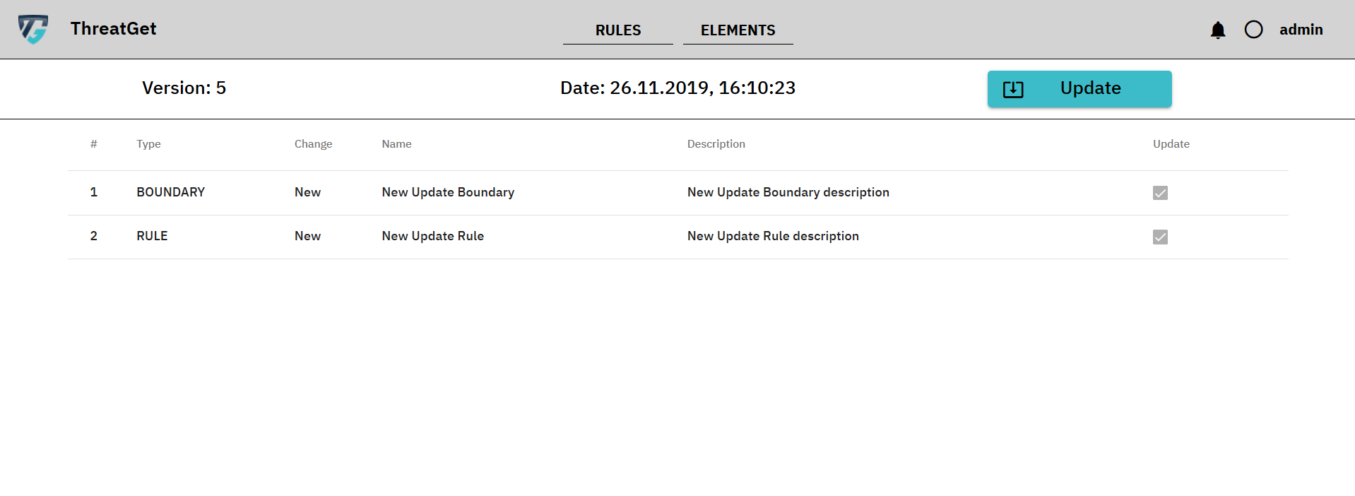 ThreatGet update overview table with update content