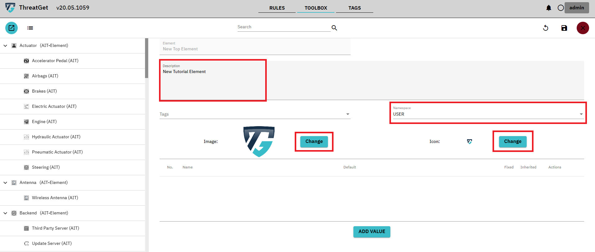 New element details with marked input fields