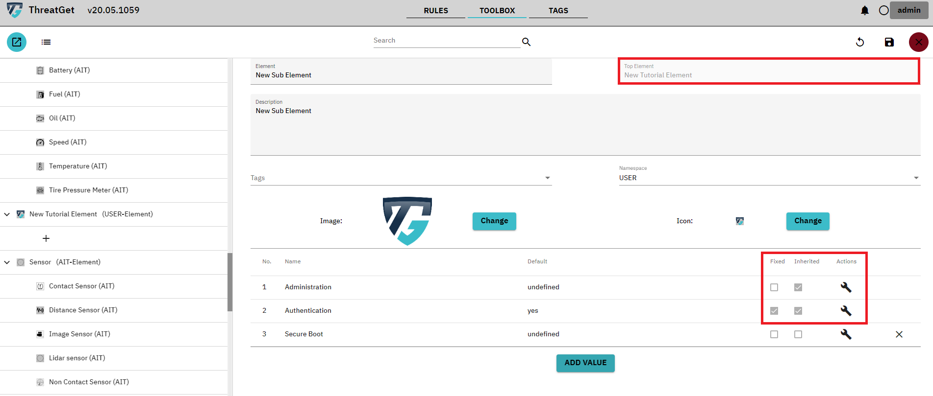 New sub element details screen with marked top element definition and inherited tagged values