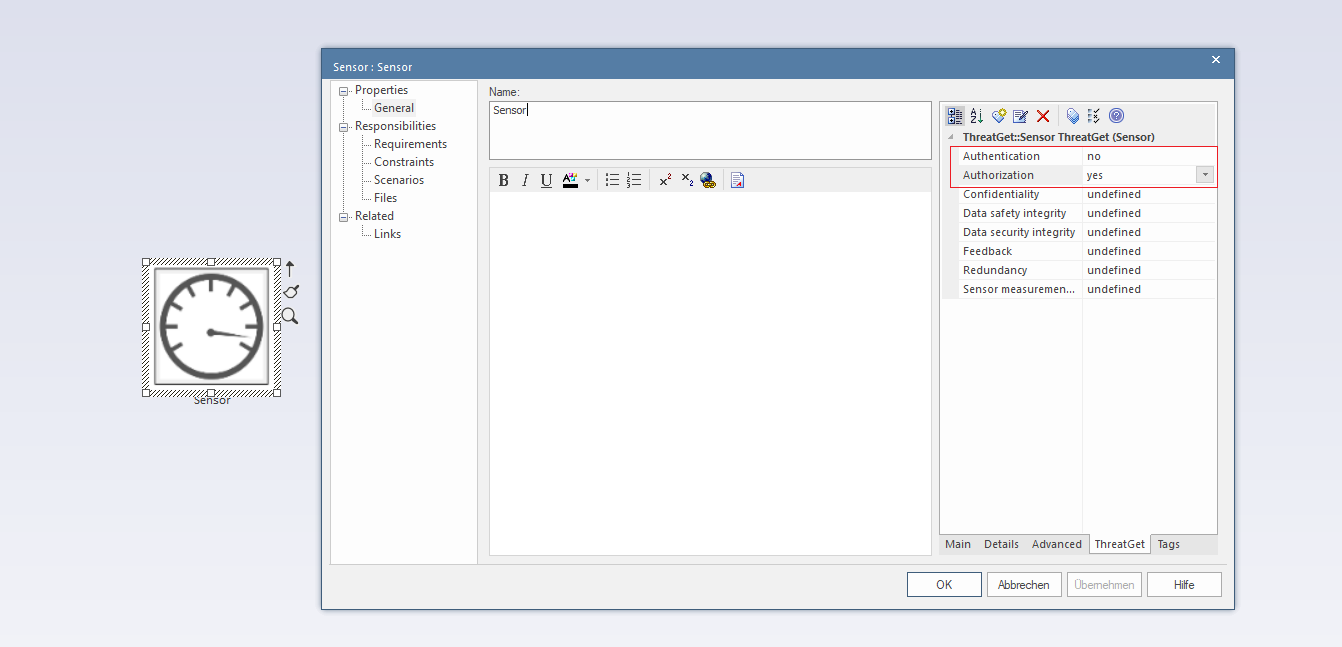 Enterprise Architect sensor tagged values