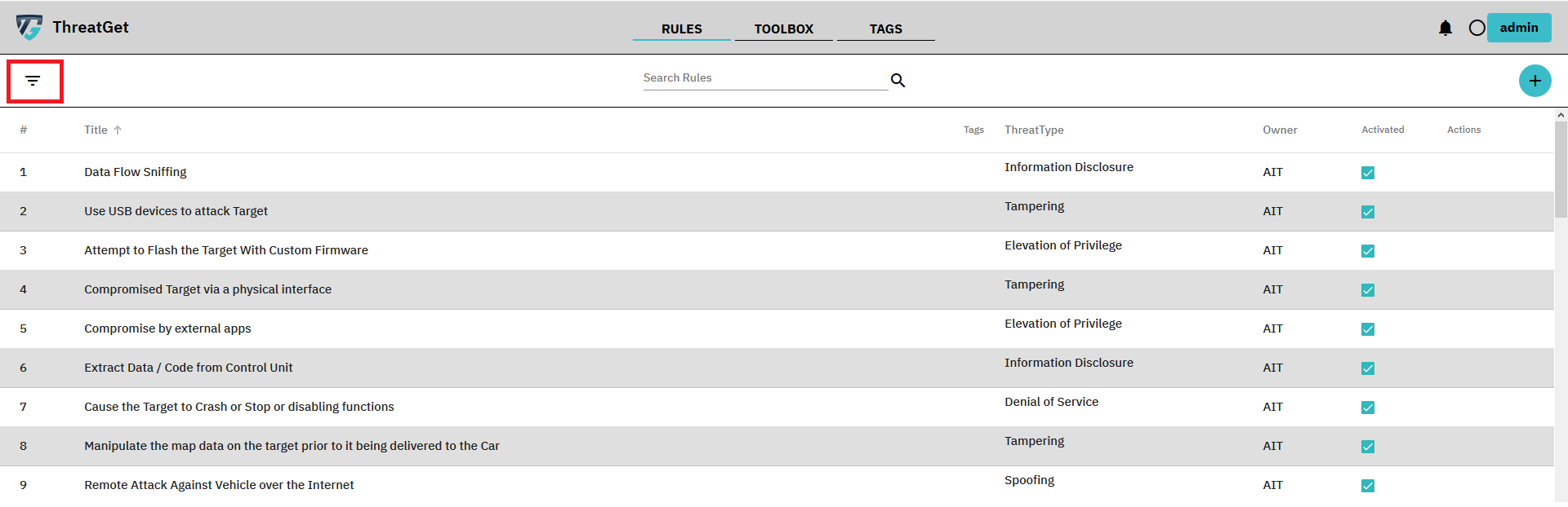 Rules overview screen menu toggle button marked