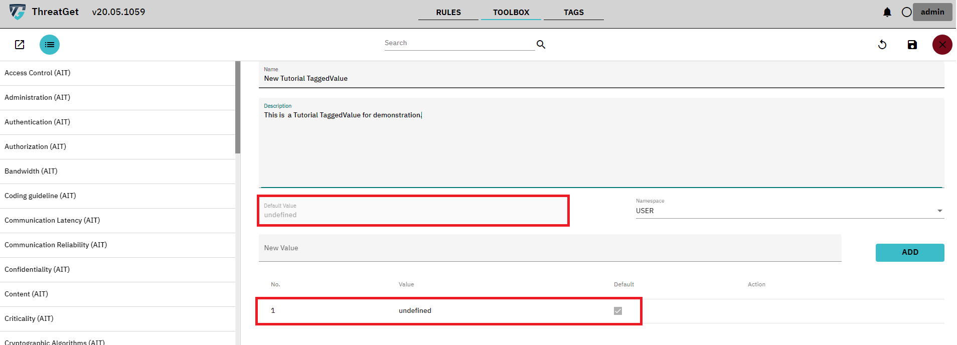 New Tagged value screen with marked default value