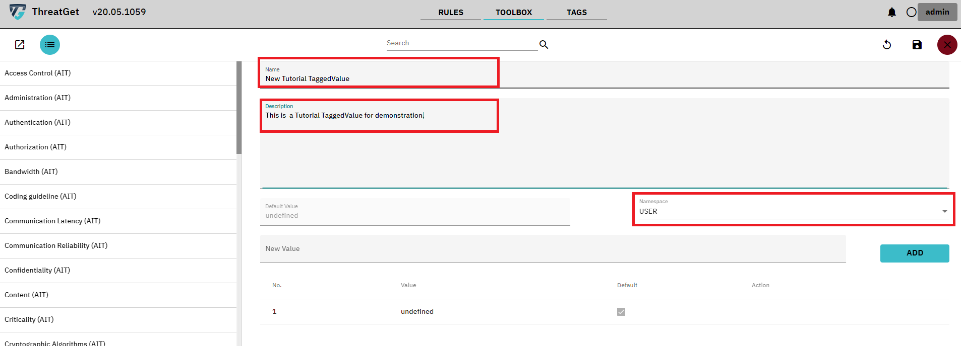 New Tagged value screen with marked input fields