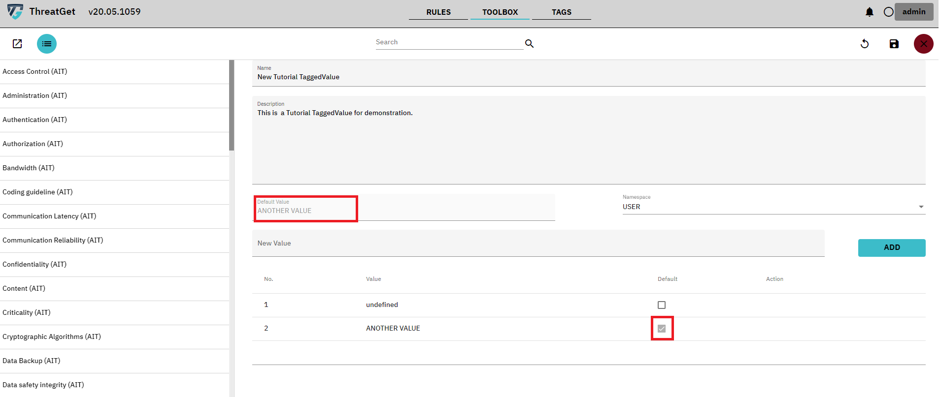 New Tagged value screen with marked change default button for values