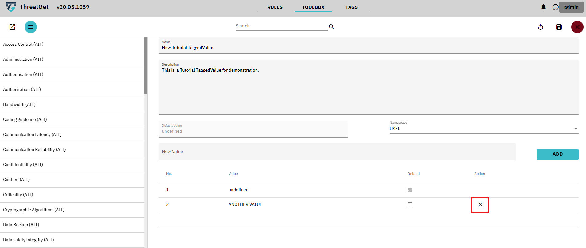 New Tagged value screen with marked delete button for values