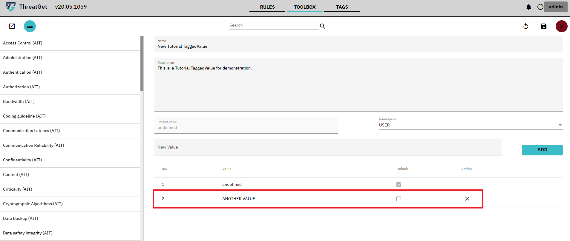 New Tagged value screen with marked new values table