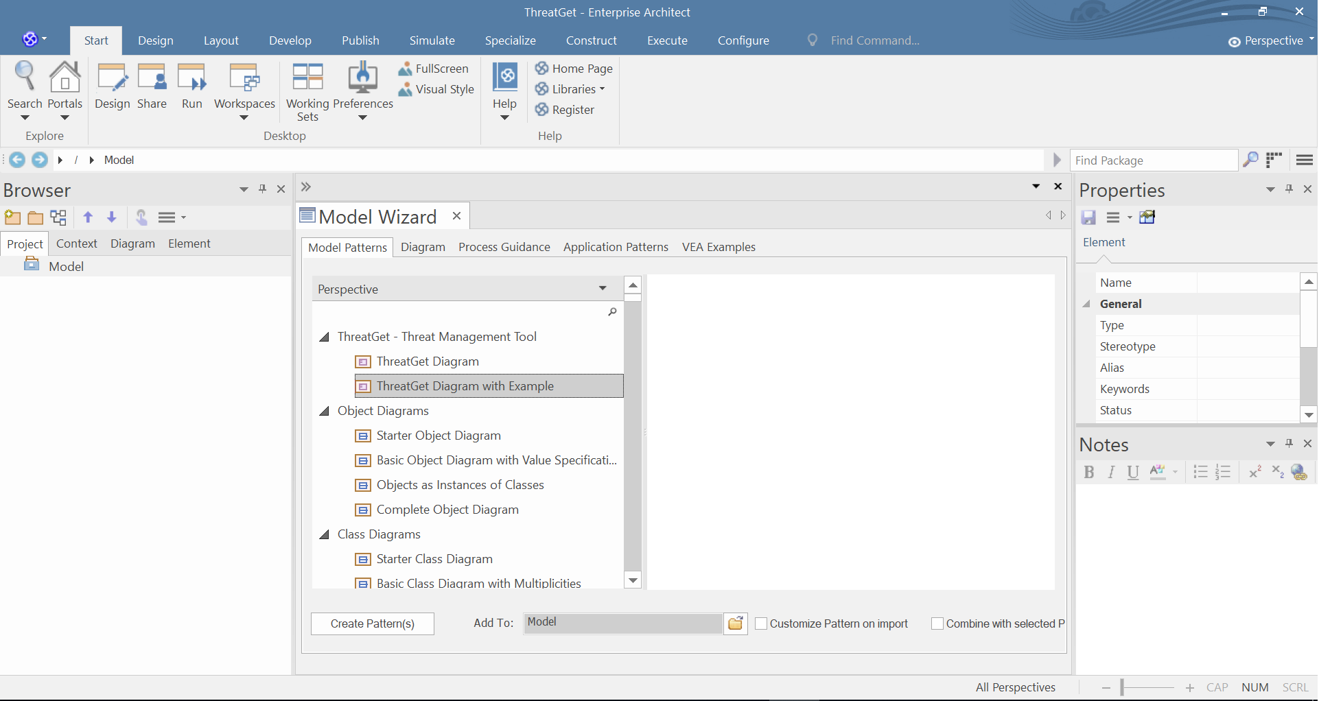 The 'ThreatGet - Threat Management Tool' model contains a 'ThreatGet Diagram' and a 'ThreatGet diagram with example'