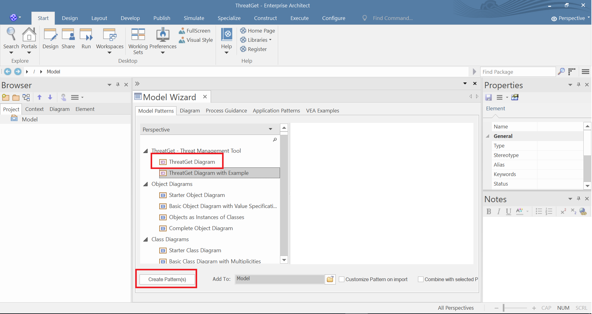 Selectin a ThreatGet Diagram creates an empty diagram with the right selected toolbox'