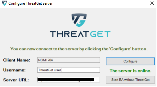 Configuration window of ThreatGet with a successful test Connection