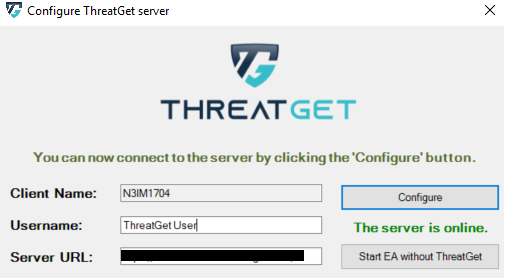 Configuration window of THREATGET with a successful test Connection