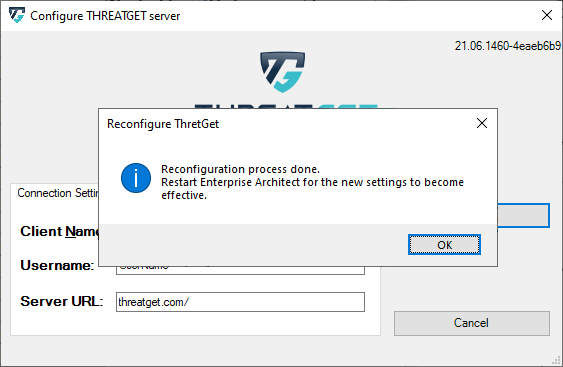 Configuration window of THREATGET with a successful test Connection