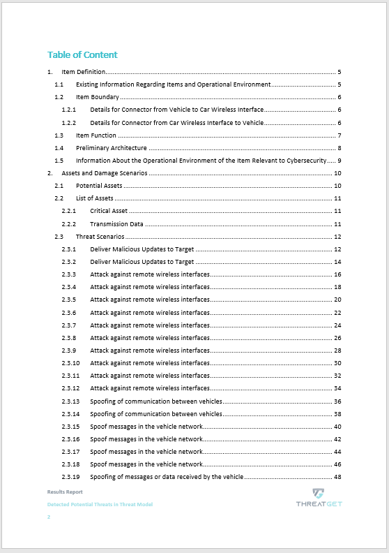 The Table of contents in the report