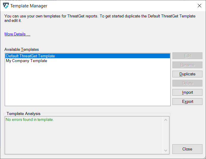 Template Management dialog