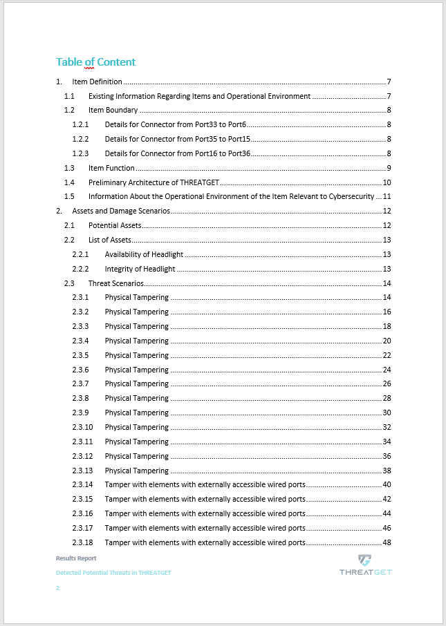 The Table of contents in the report