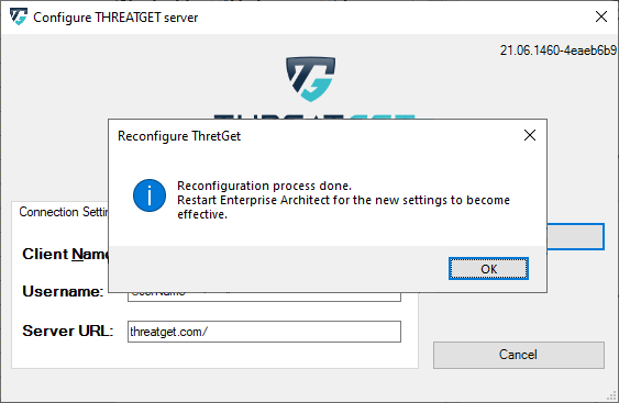 Configuration window of ThreatGet with a successful test Connection