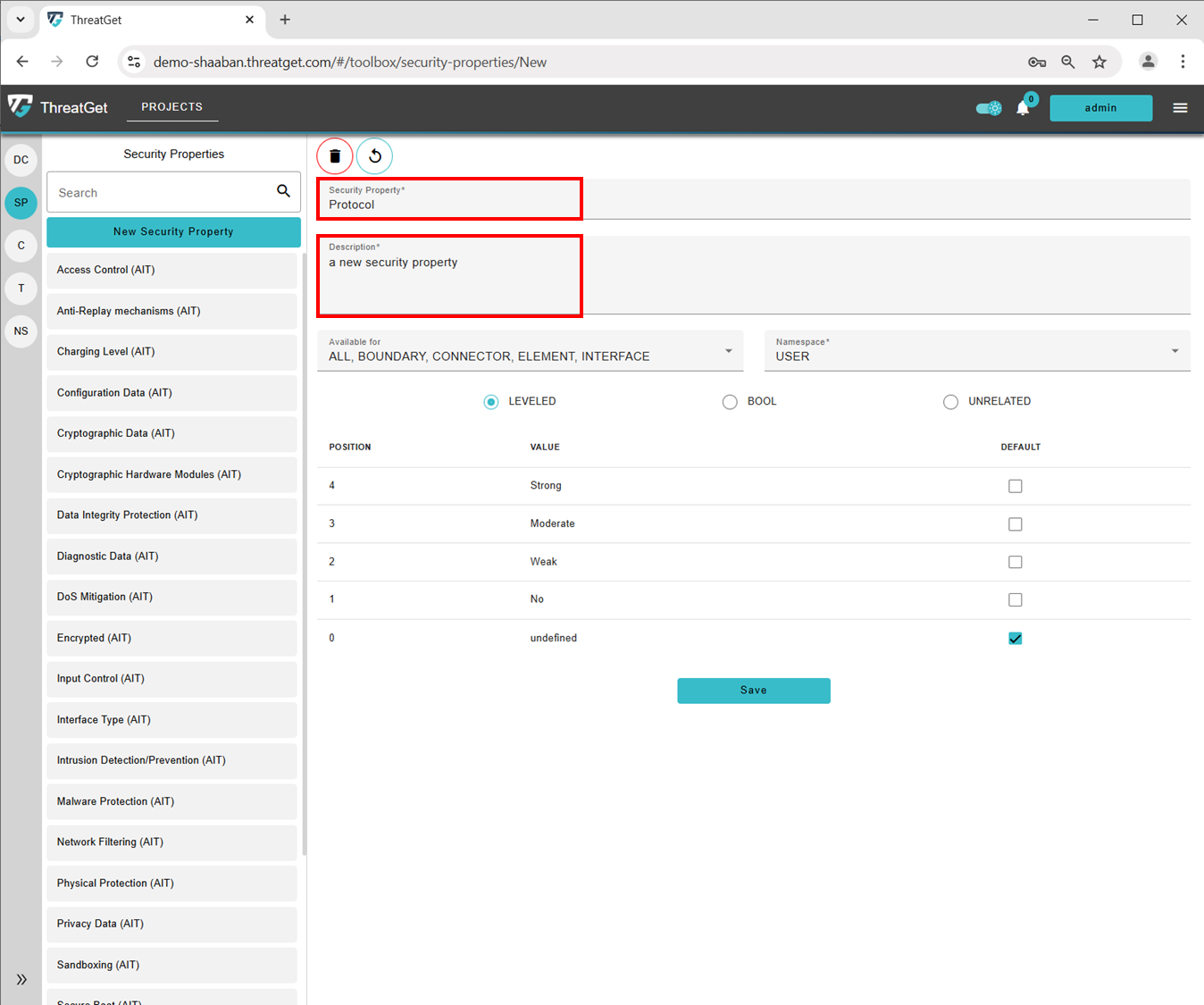 Name and Description for the Security Property