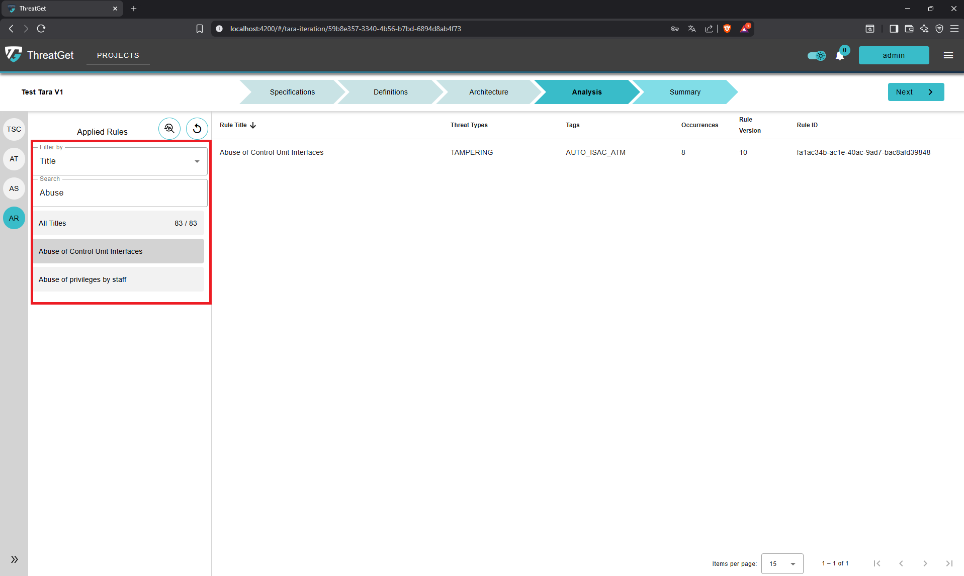 Filtering and action buttons