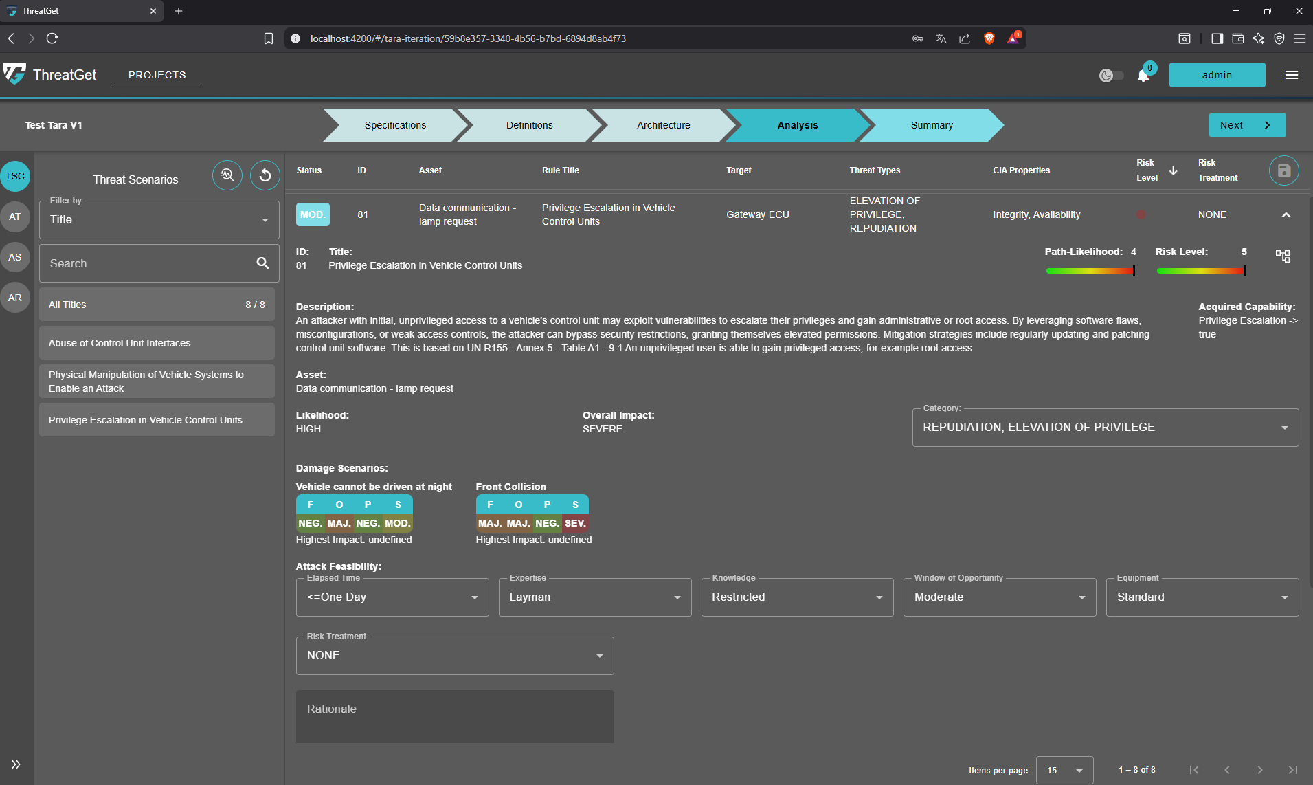 Threat scenario detail view