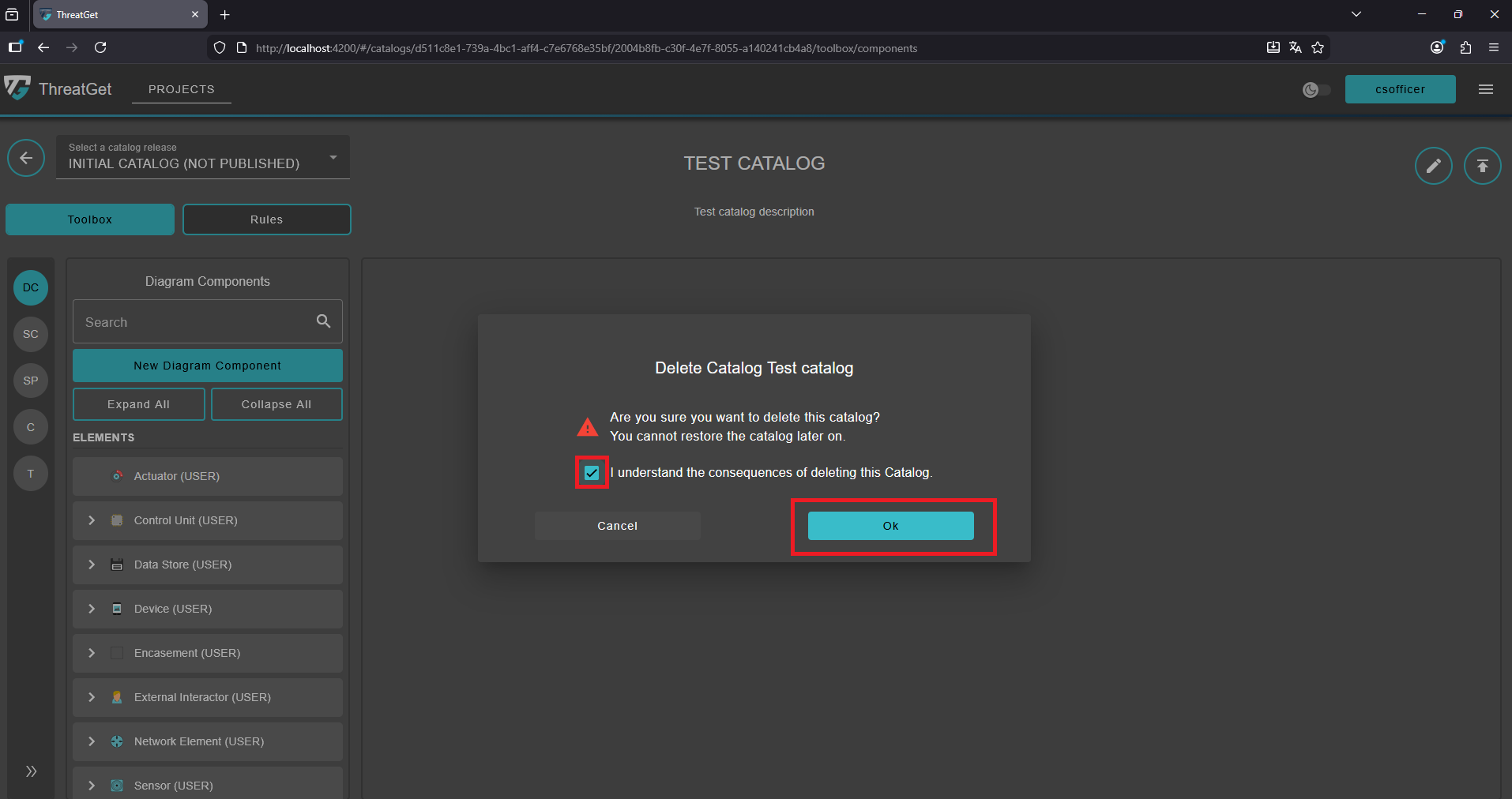 Confirm catalog deletion