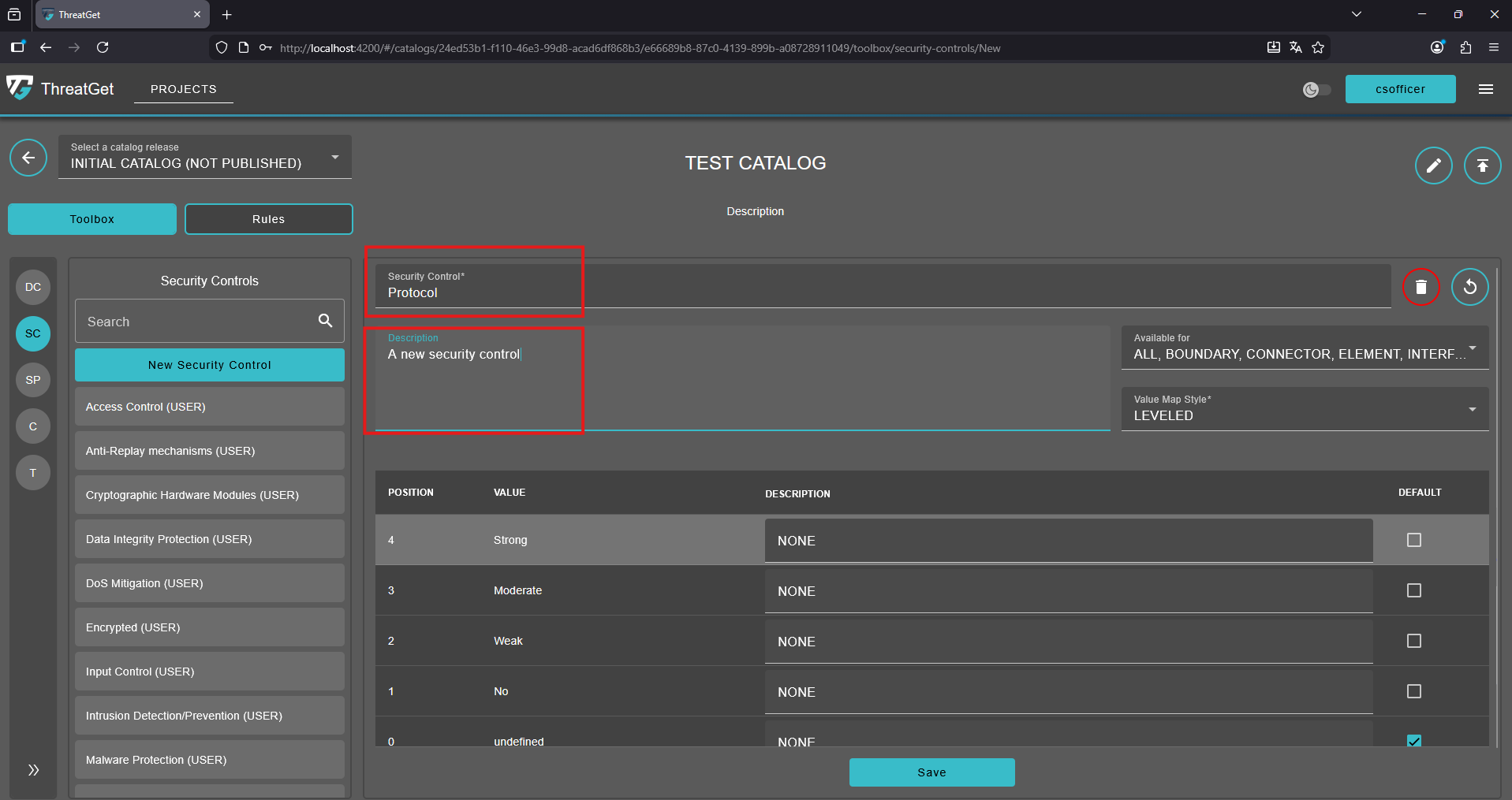 Name and Description for the Security Conrol/System Property