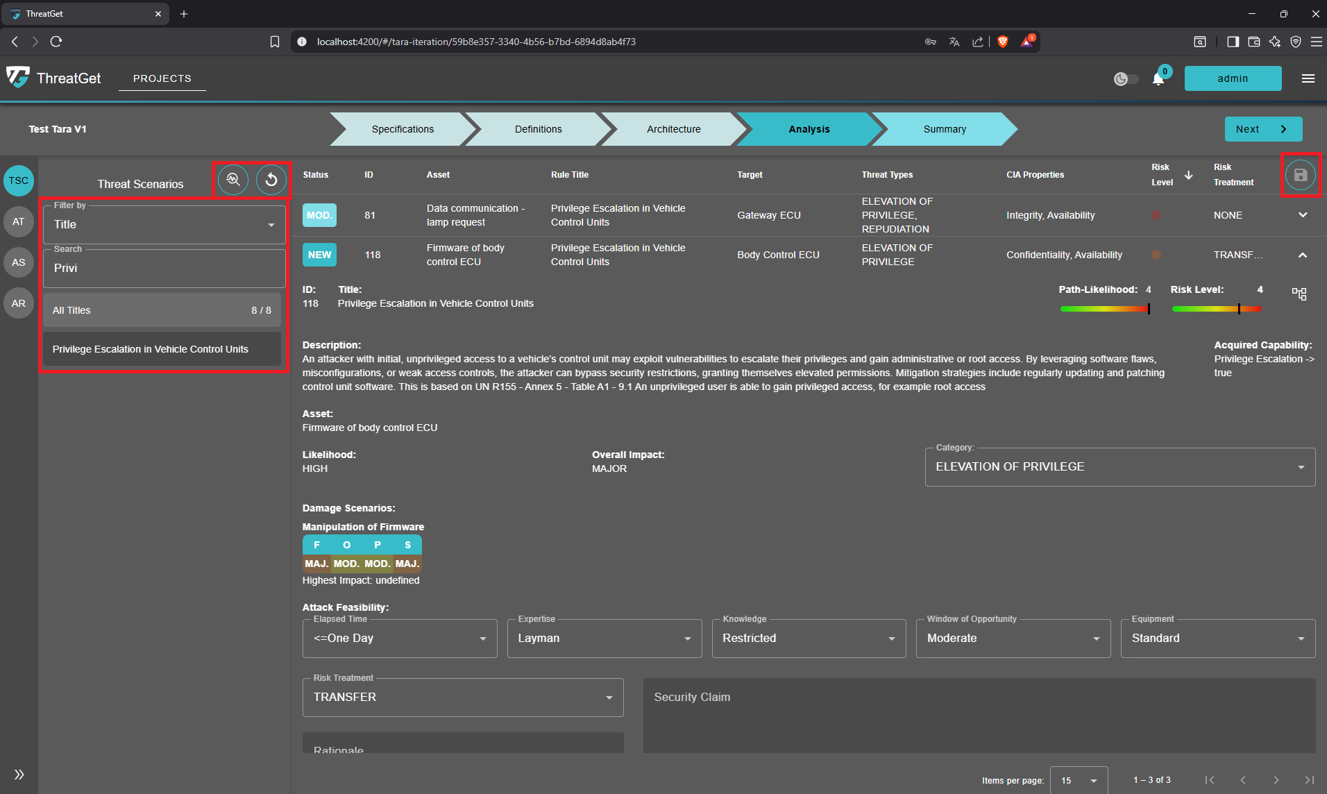 Filtering and action buttons